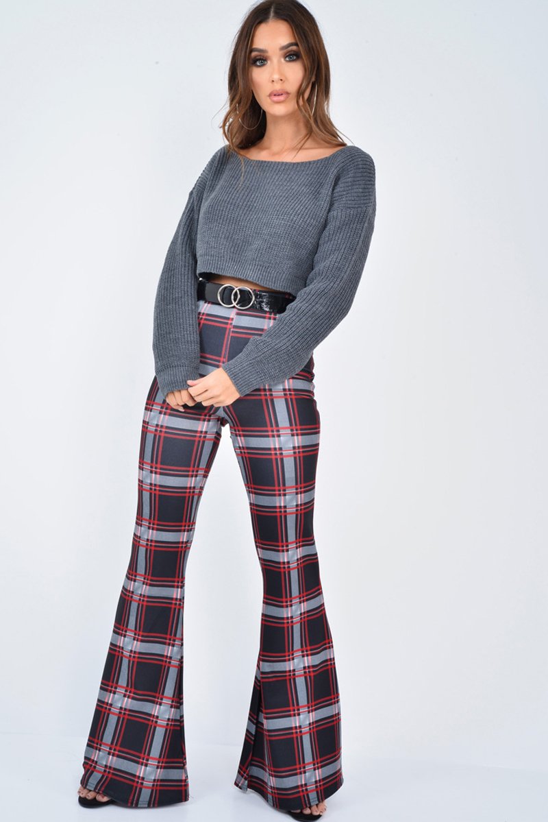 Black Check High Waist Flared Trousers - Cherie