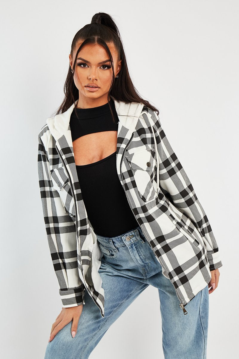 Black Check Hooded Shacket - Destyn