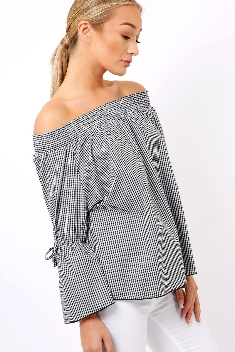 Black Checked Bardot Bell Sleeve Top - Trixie