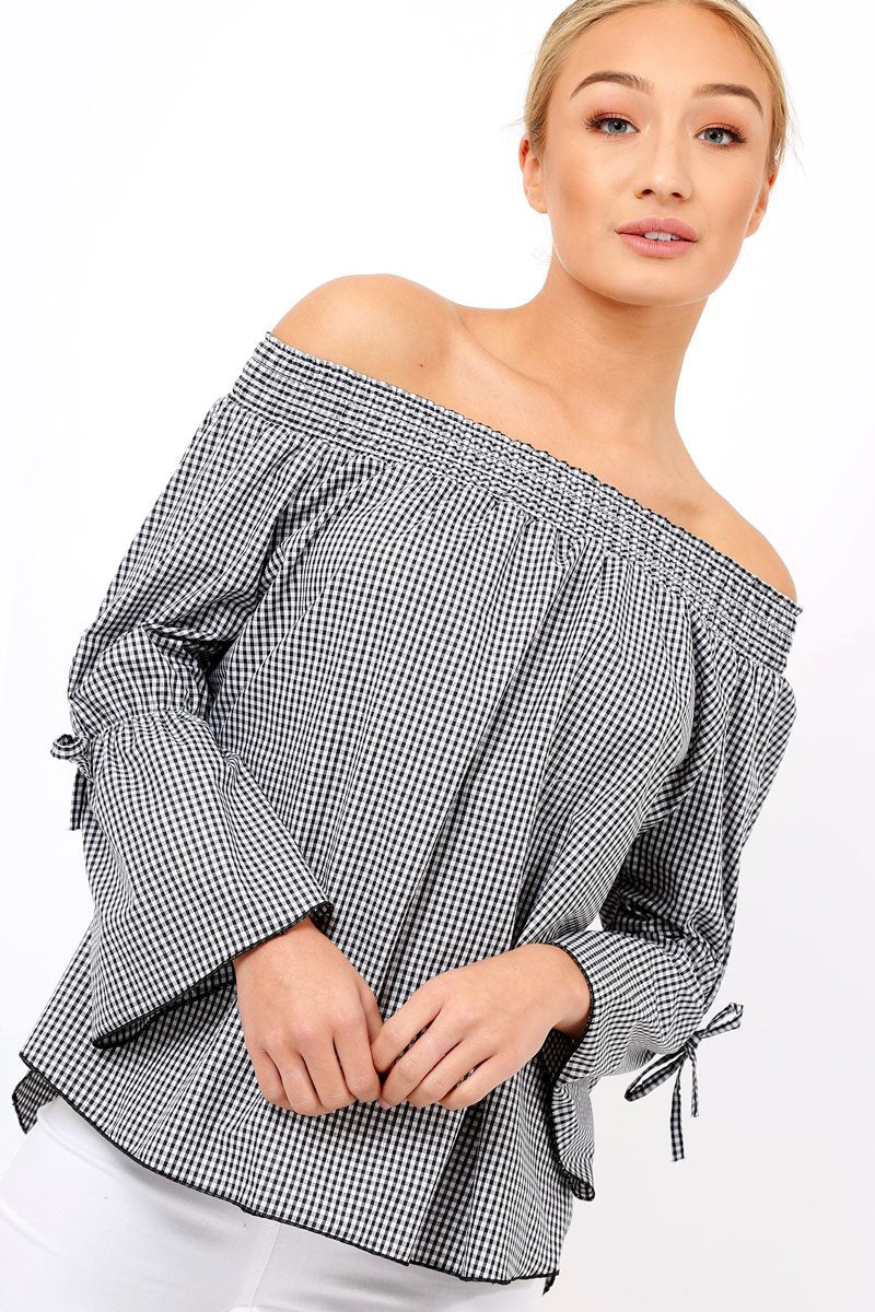 Black Checked Bardot Bell Sleeve Top - Trixie