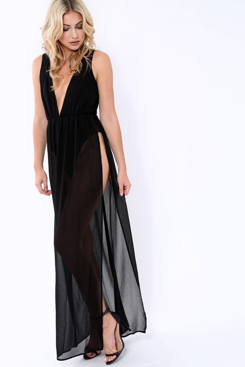 Black Chiffon Maxi Dress with Bodysuit - Macie