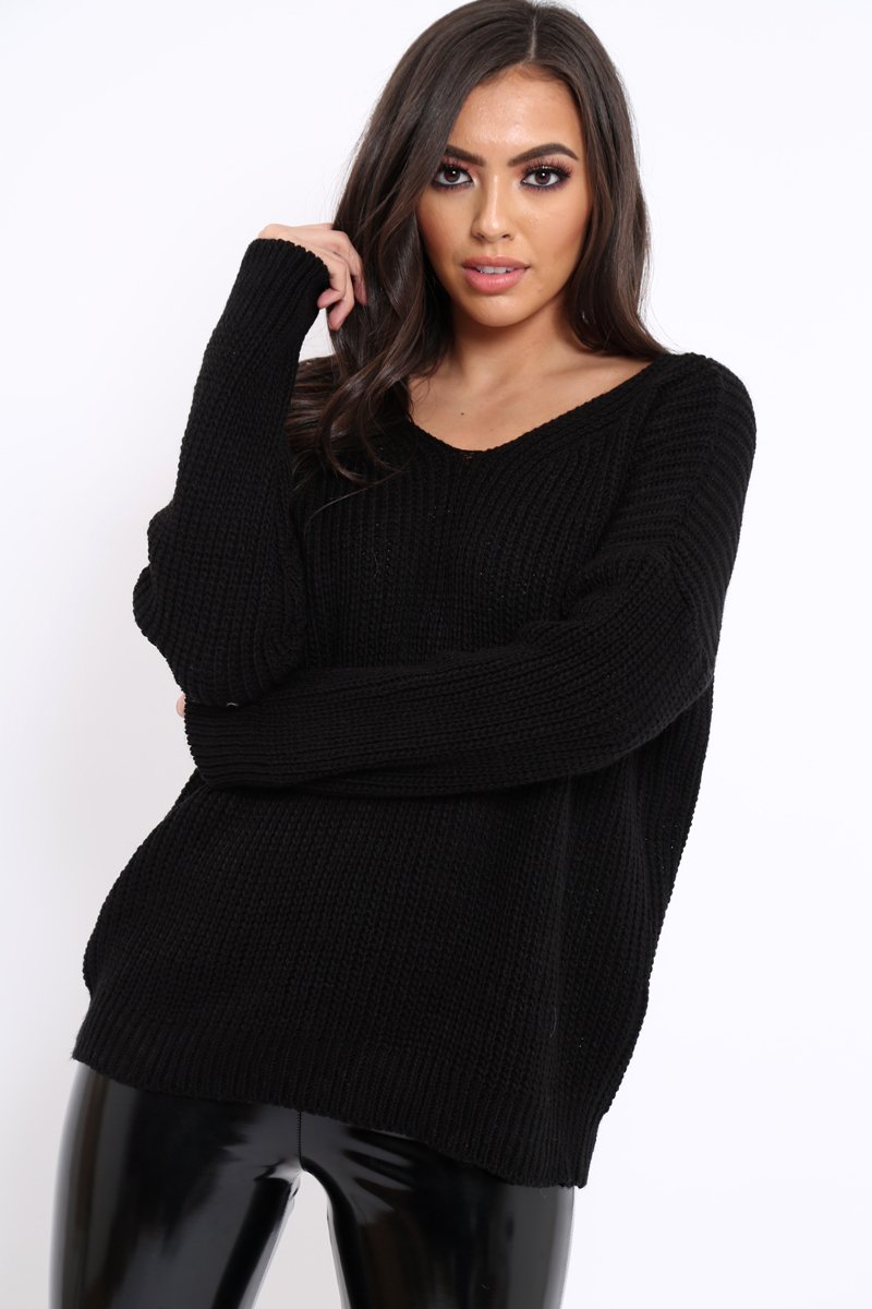 Black Chunky Knit Lace Up Back Jumper - Perrie