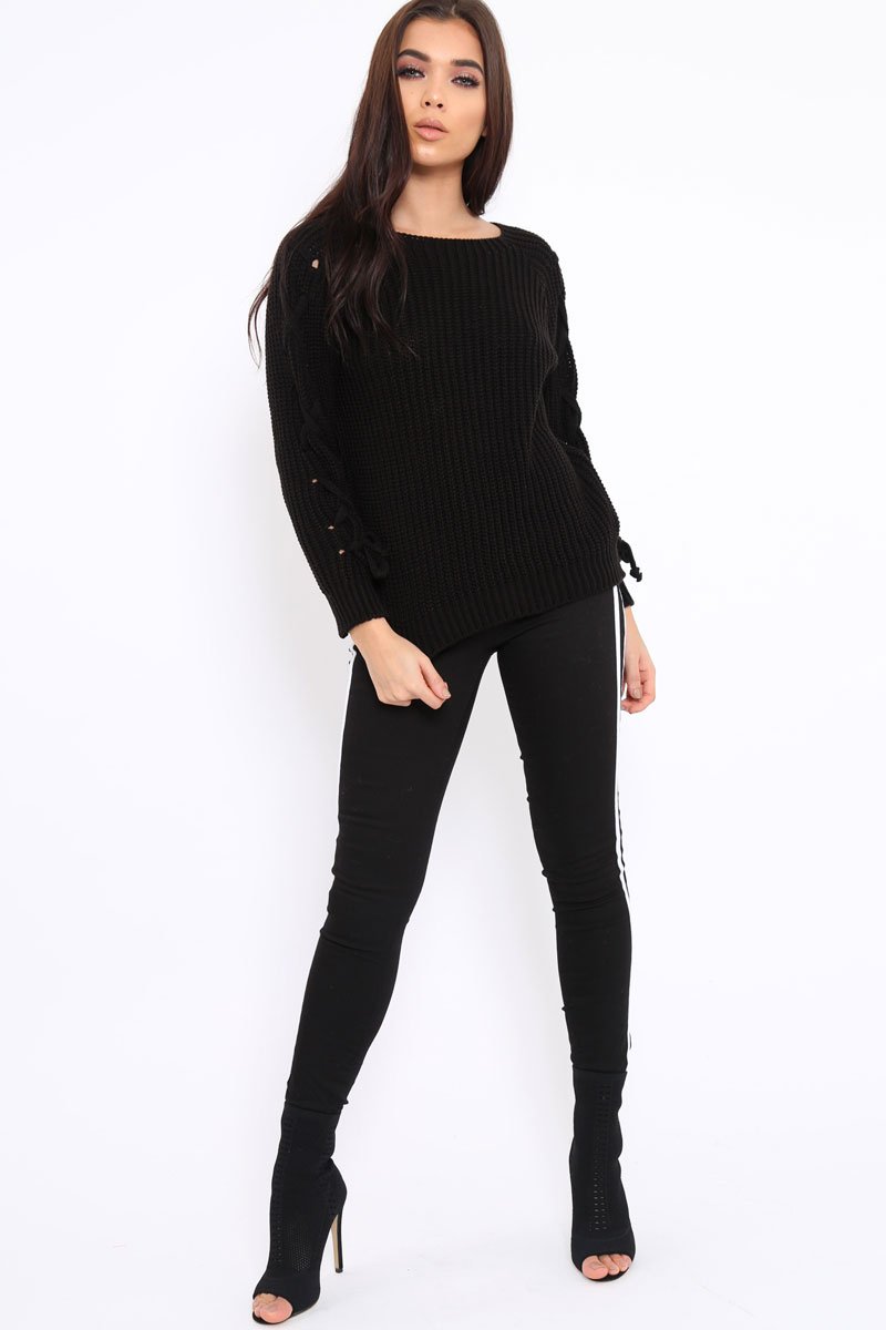 Black Chunky Knit Lace Up Sleeve Jumper - Sarah