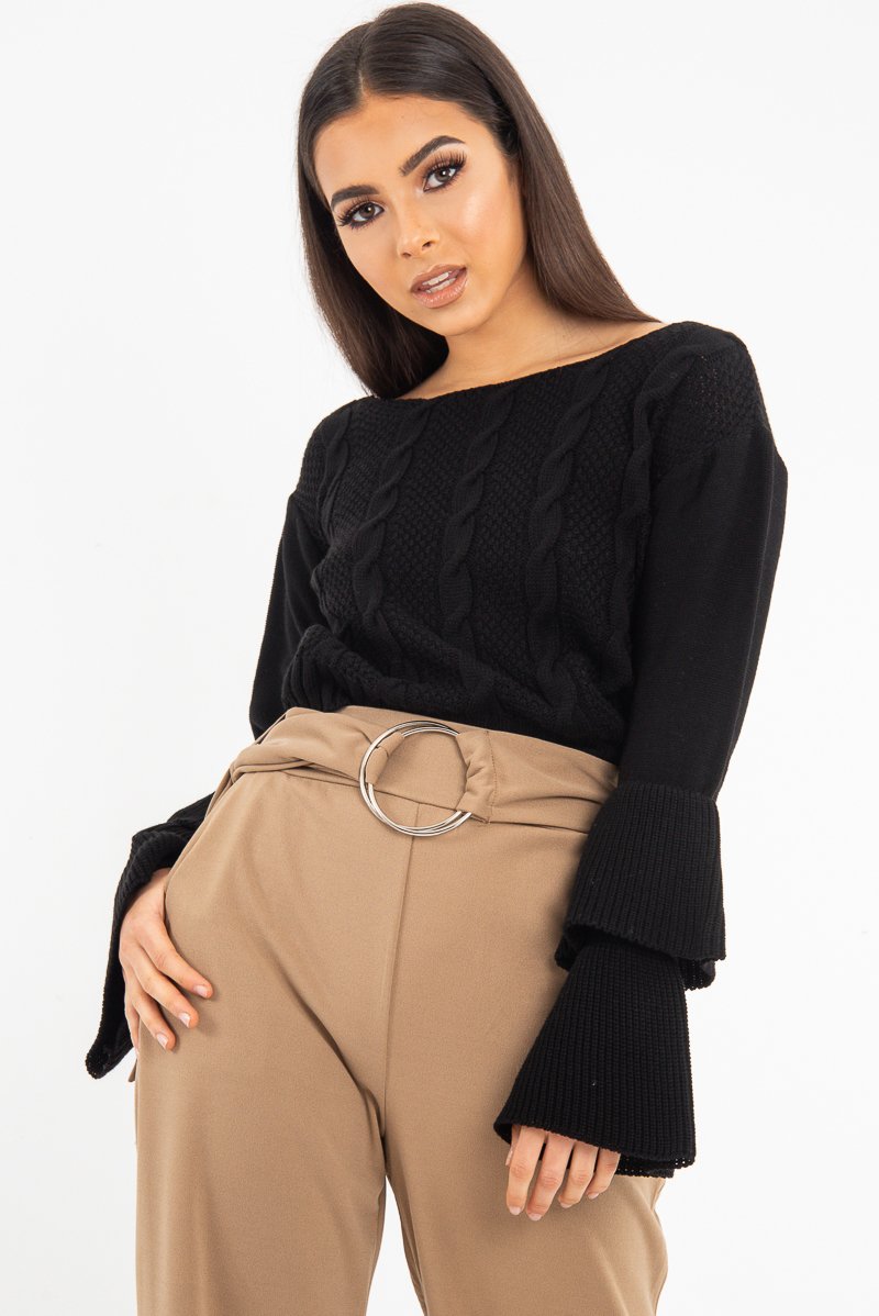 Black Chunky Knit Sleeve Detail Jumper - Lillienne