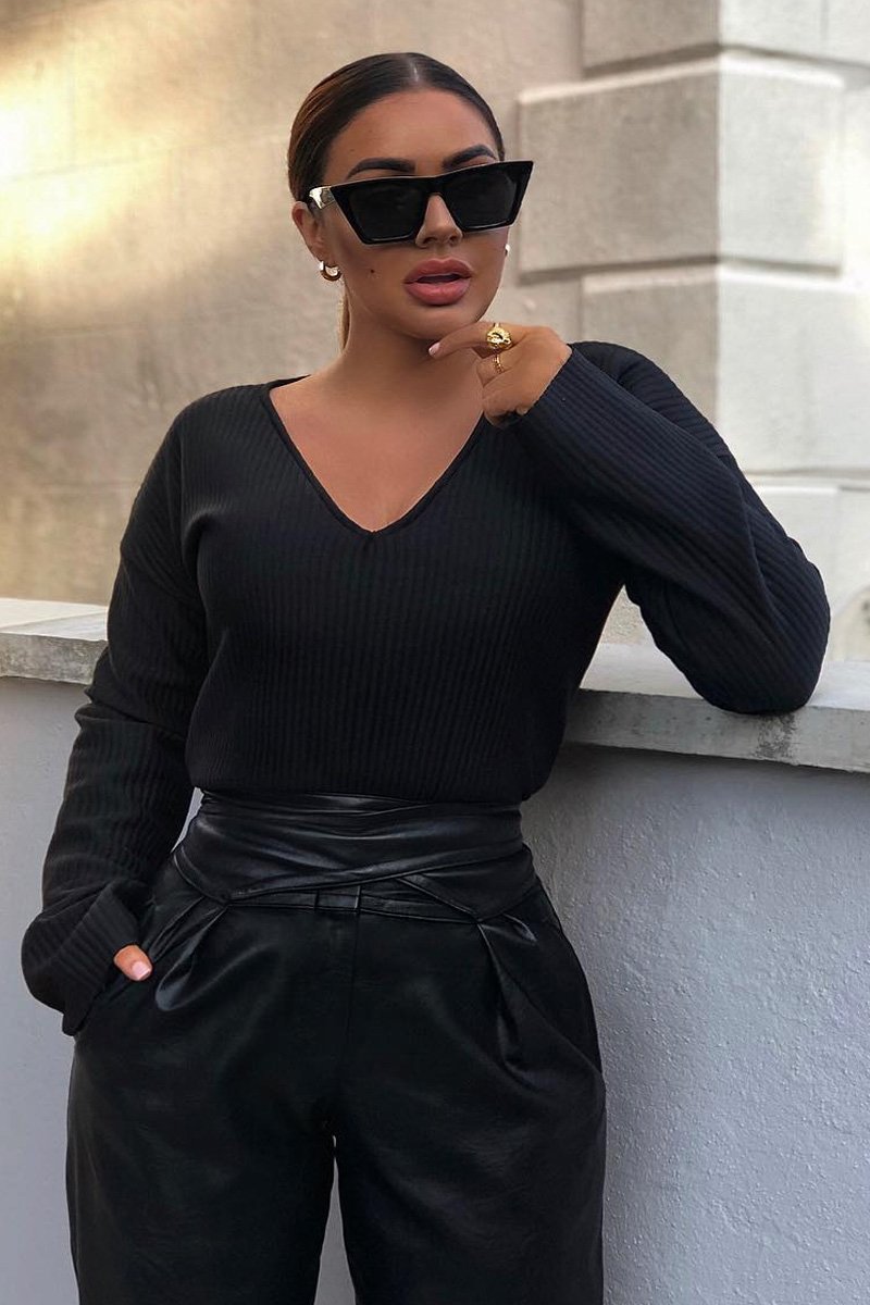 Black Chunky Rib V-Neck Jumper - Evalise