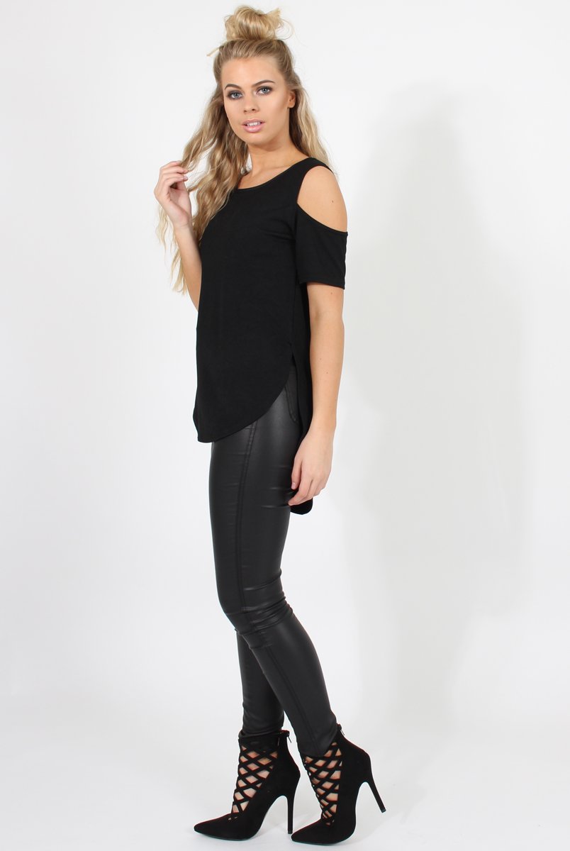 Black Cold Shoulder Dipped Hem Top - Kay