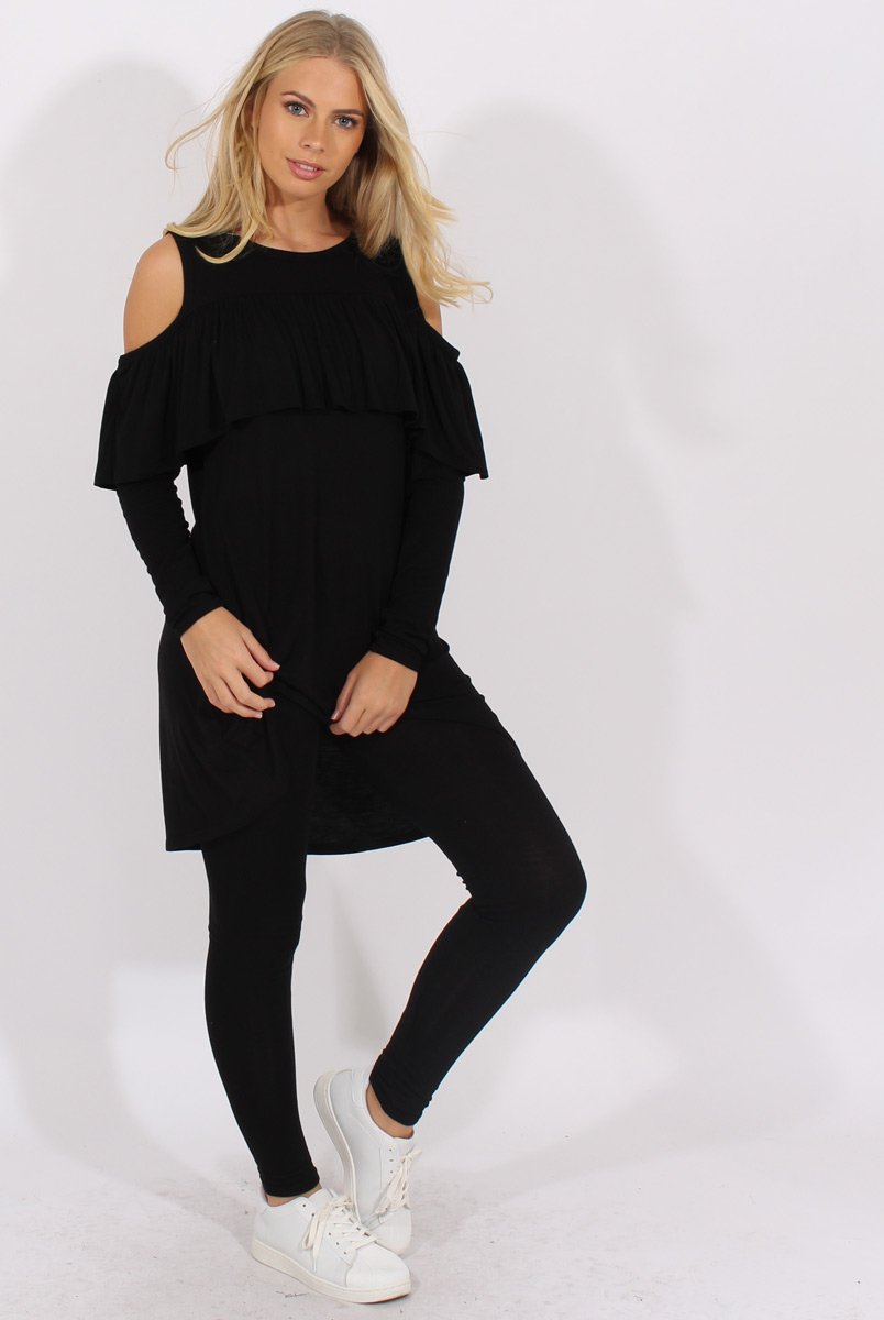 Black Cold Shoulder Frill Dipped Hem Tracksuit - Tammy