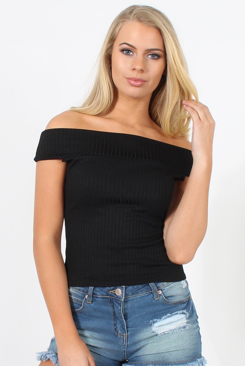 Black Cold Shoulder Ribbed Top - Elsa