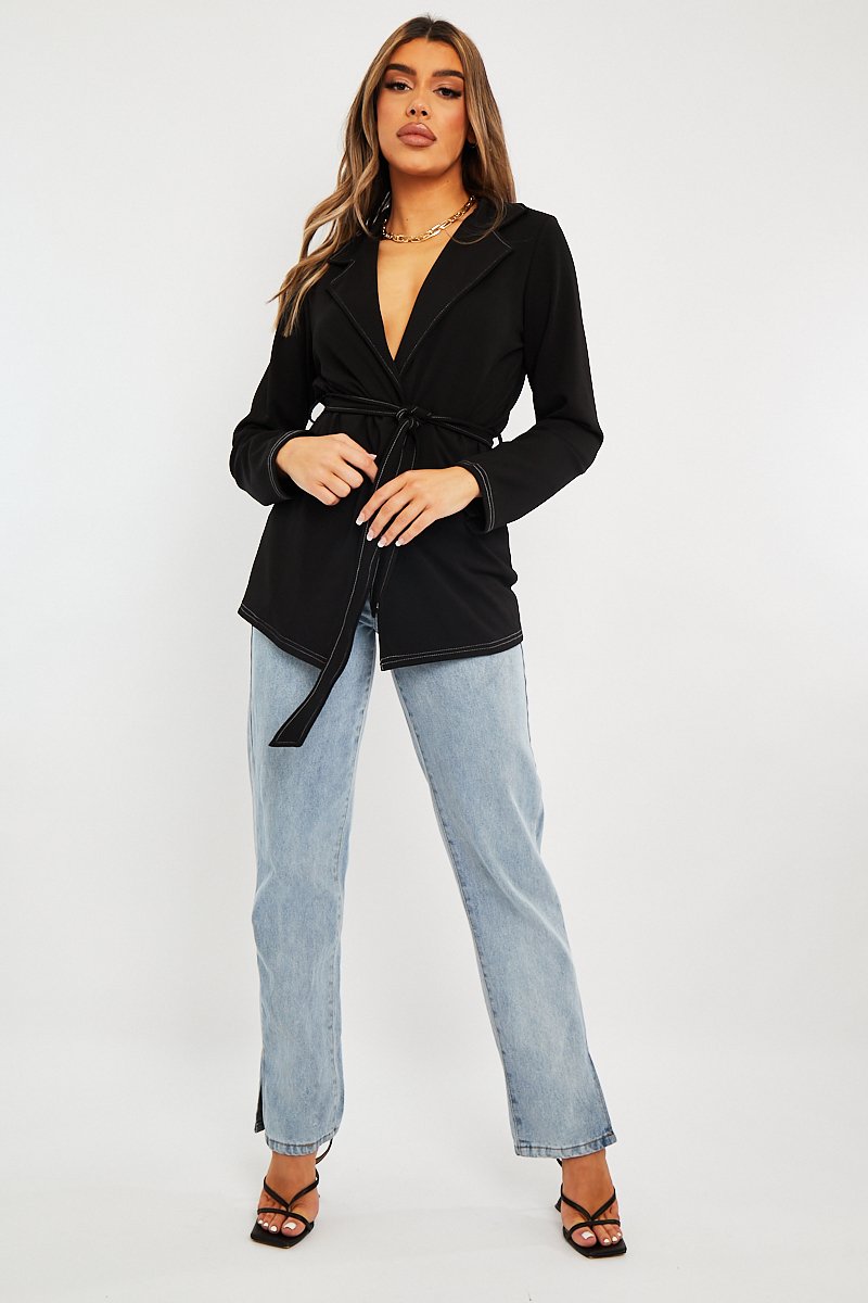 Black Contrast Stitch Waist Belt Blazer - Maya