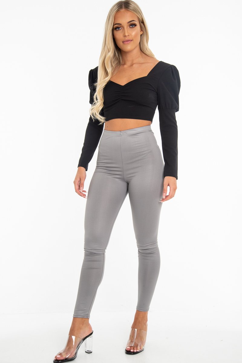 Black Crepe Sweetheart Puff Sleeve Crop Top - Porsha