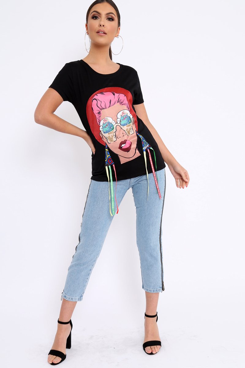 Black Crew Neck Girls Face T Shirt with Tassels - Lenna