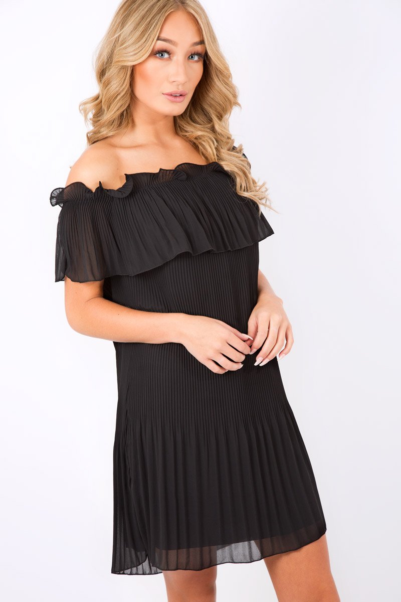 Black Crinkle Bardot Ruffle Trim Dress - Kelsey