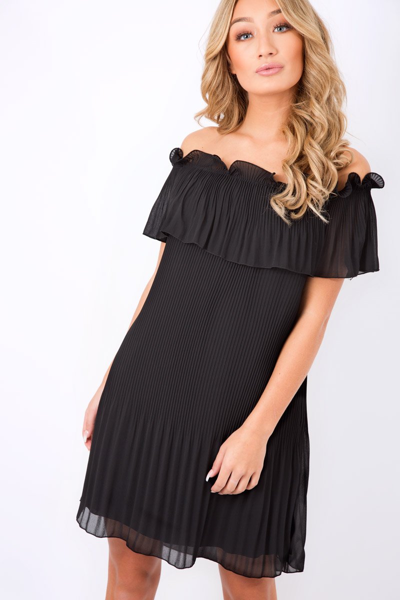 Black Crinkle Bardot Ruffle Trim Dress - Kelsey