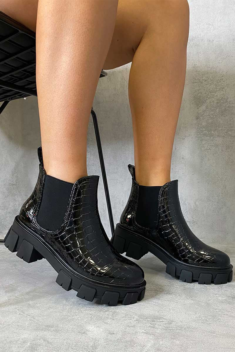 Black Croc Chunky Sole Chelsea Boot - Zamirah