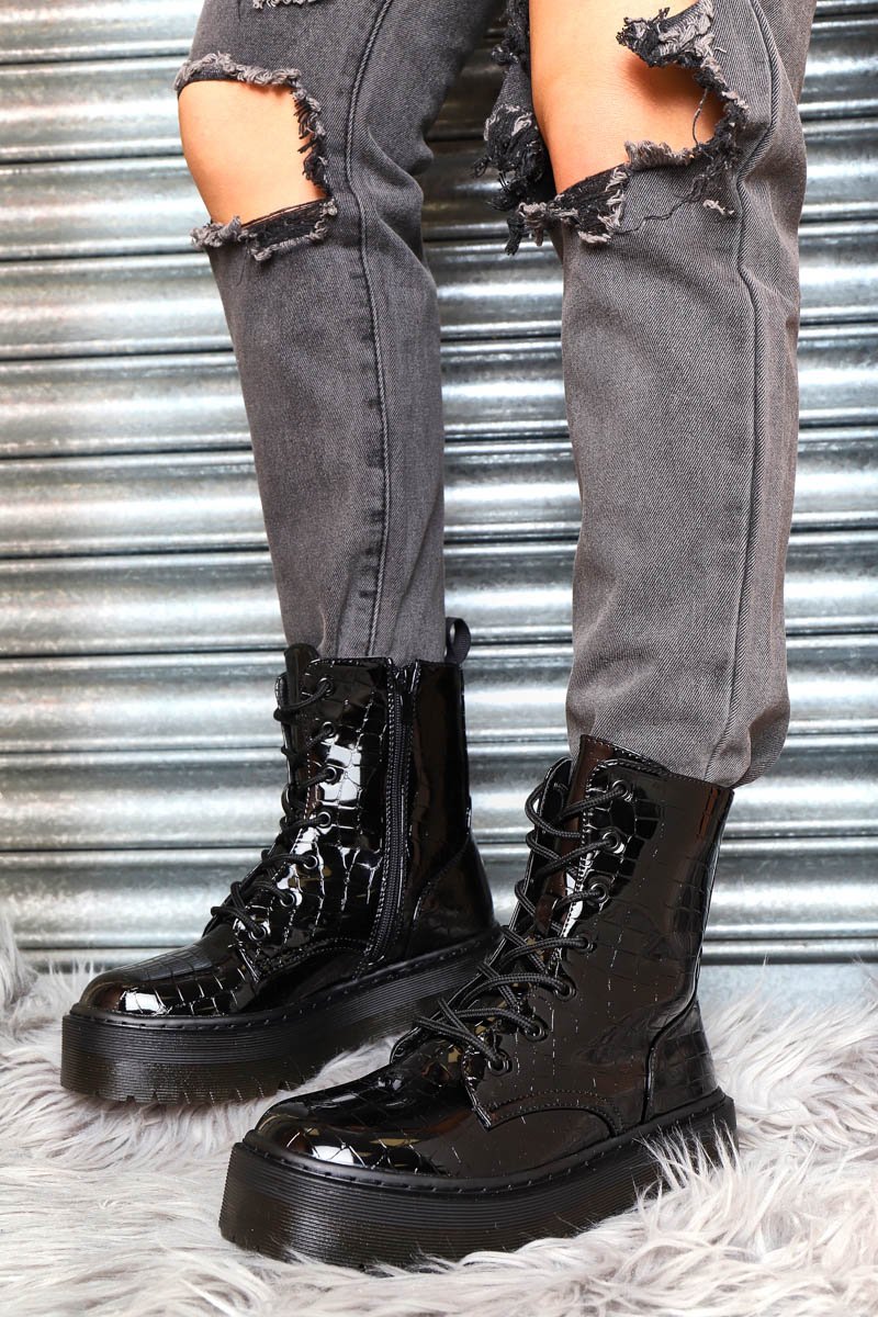 Black Croc Print Patent Leather Double Sole Boots - Dakoda