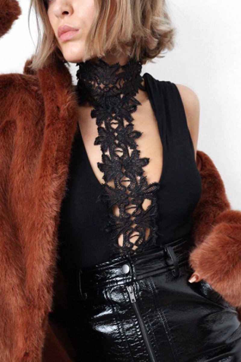 Black Crochet Choker Bodysuit - Tamara