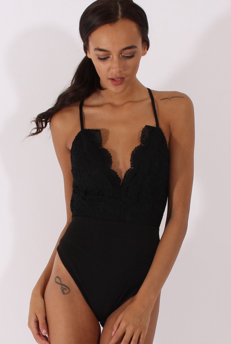 Black Crochet Cross Back Bodysuit - Crecia