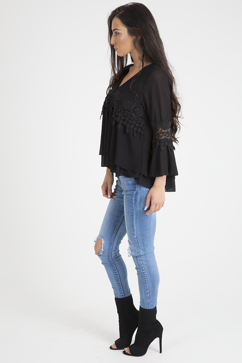 Black Crochet Detail Bell Sleeve Layered Top - Fiona