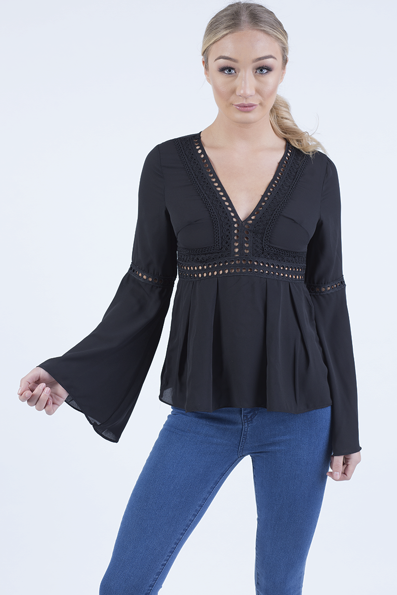 Black Crochet Detail Bell Sleeve Top - Catrina