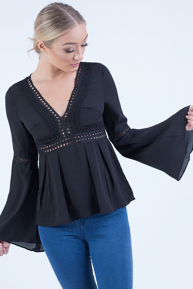 Black Crochet Detail Bell Sleeve Top - Catrina