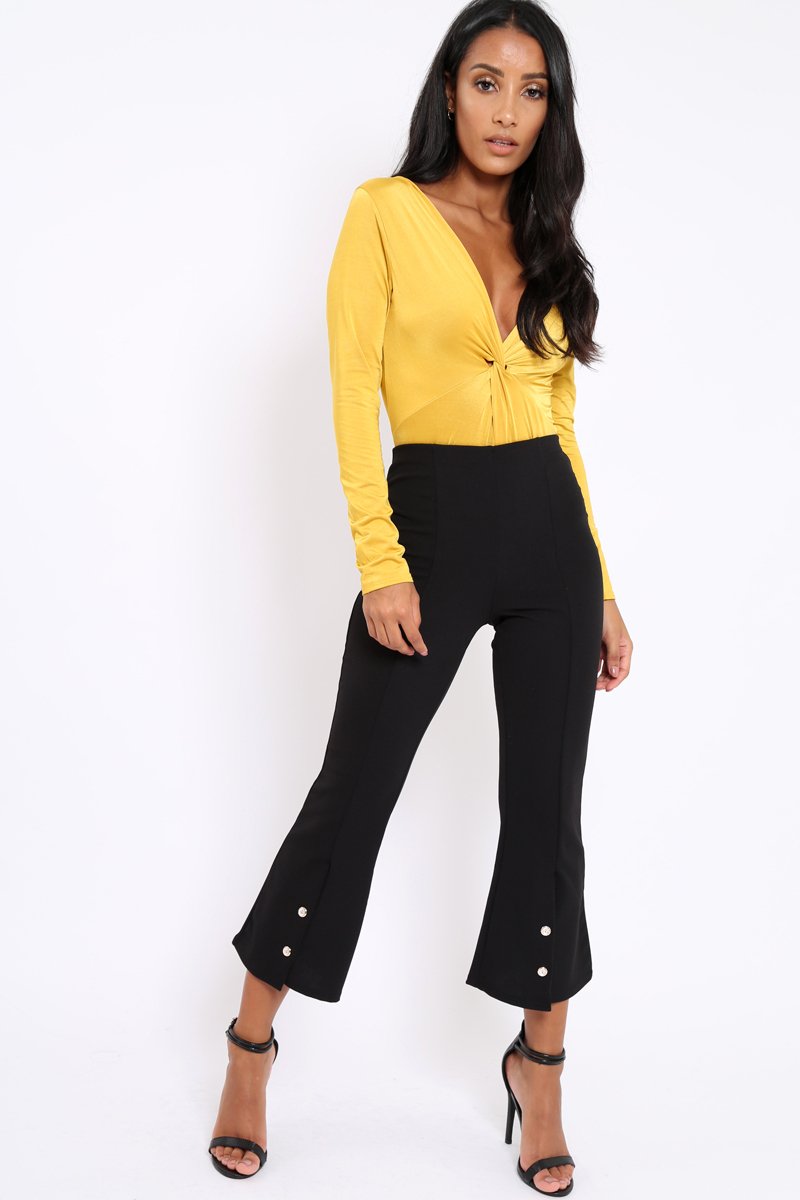 Black Cropped Bell Button Bottom Trousers - Daisie