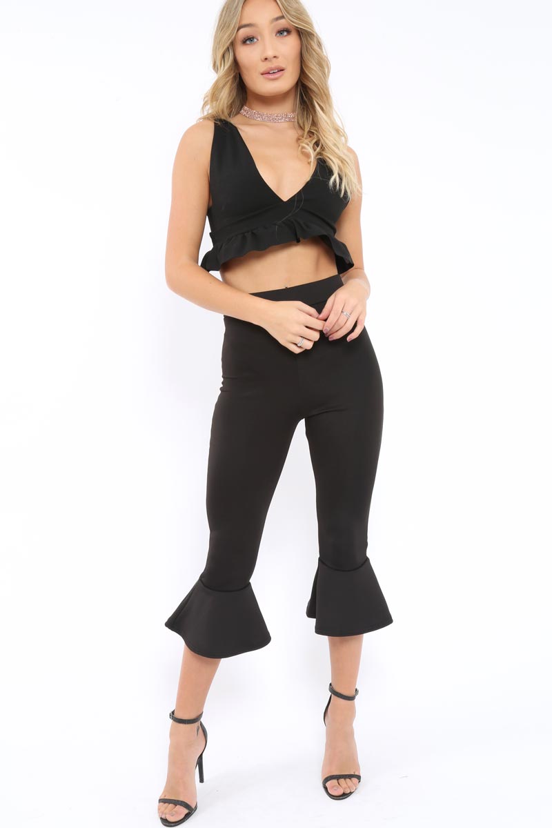 Black Cropped Flare Hem Trousers - Aniesha