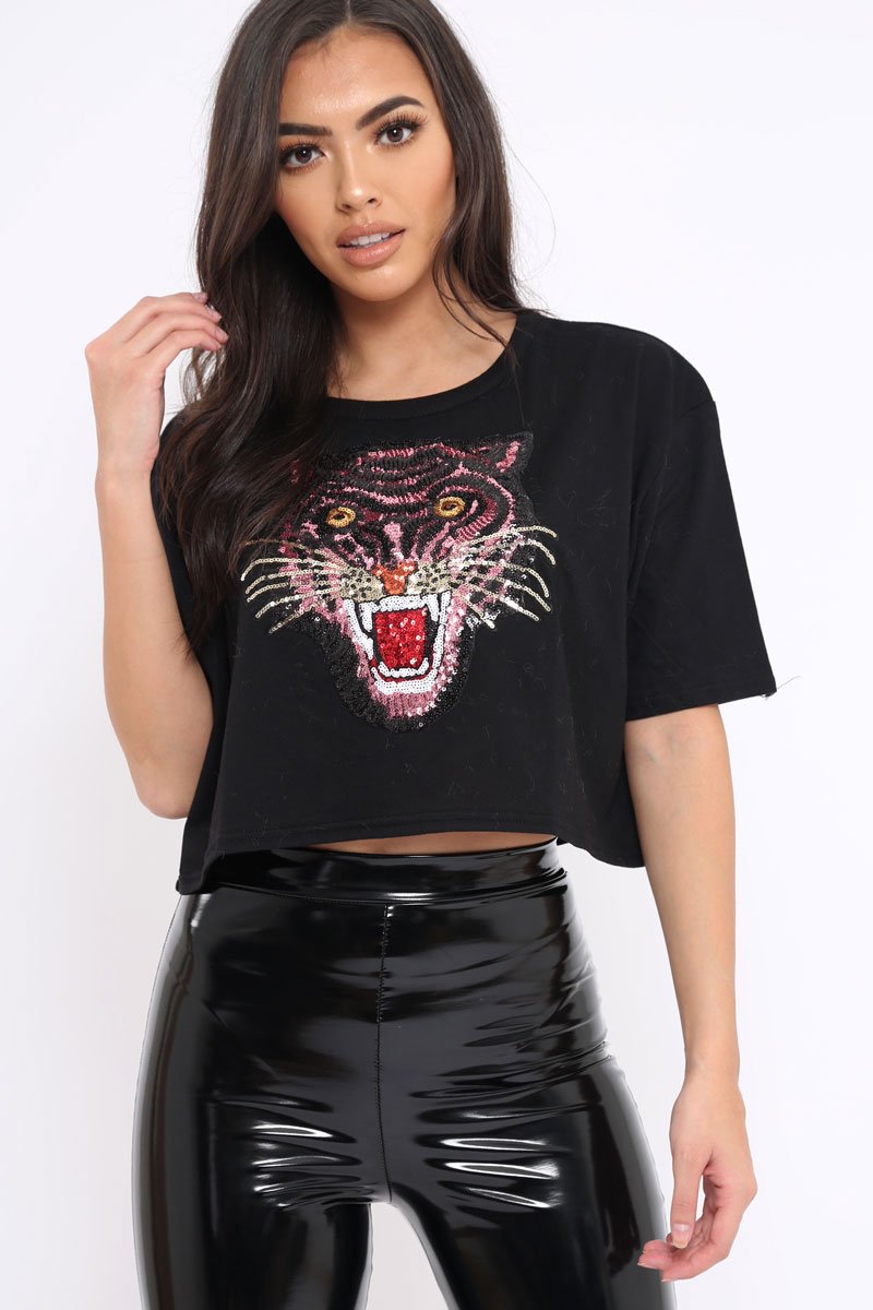 Black Cropped Tee with Applique Sequin Tiger - Avery