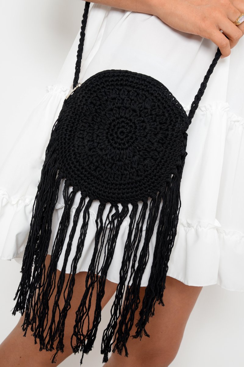 Black Cross Body Crochet Tassel Bag - Dion