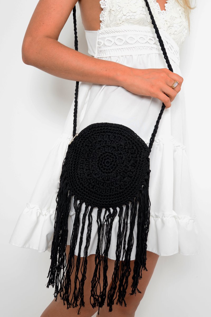 Black Cross Body Crochet Tassel Bag - Dion