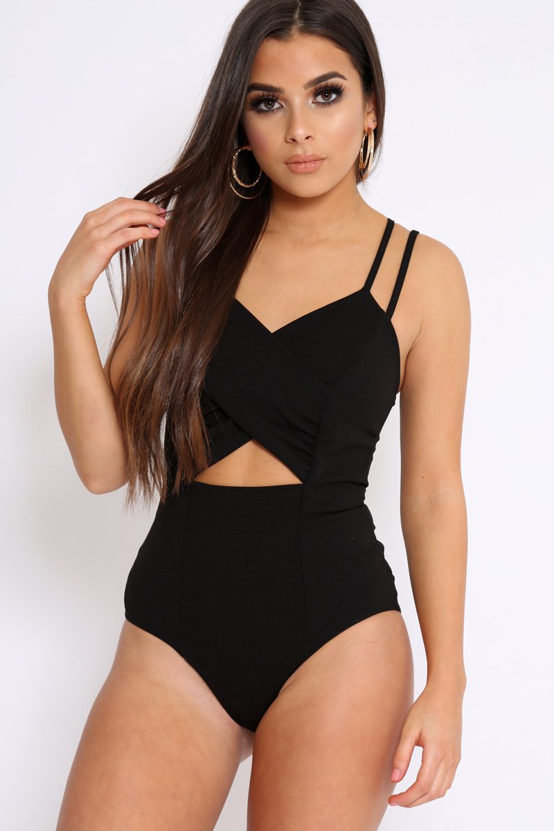 Black Cross Over Cut Out Bodysuit - Safia