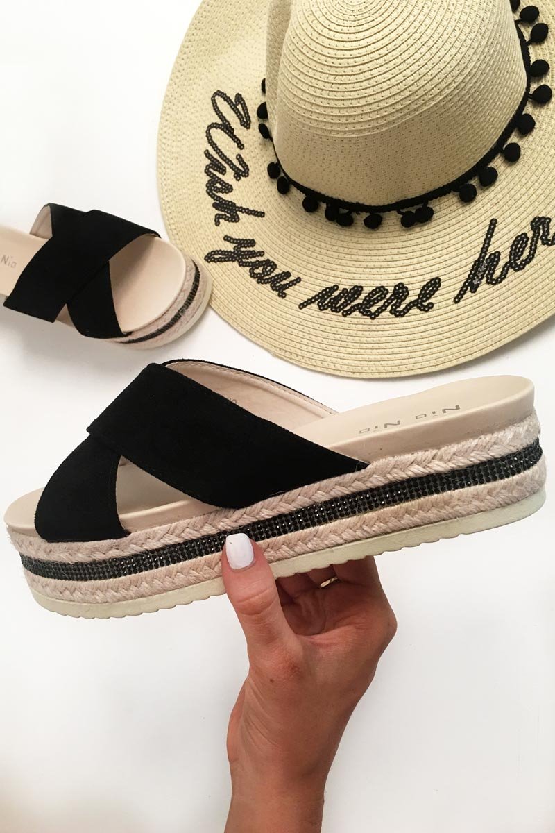 Black Cross Over Flatform Sliders - Vana