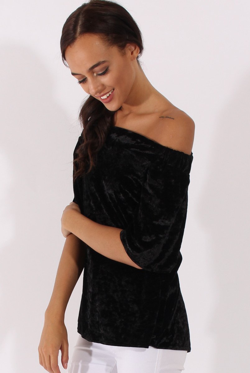 Black Crushed Velvet Bardot Split Back Top - Geraldine