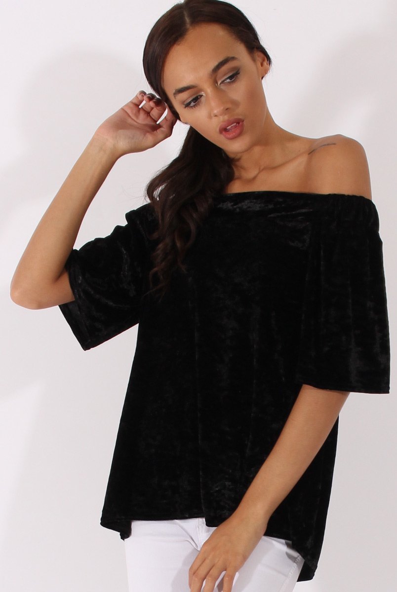 Black Crushed Velvet Bardot Split Back Top - Geraldine