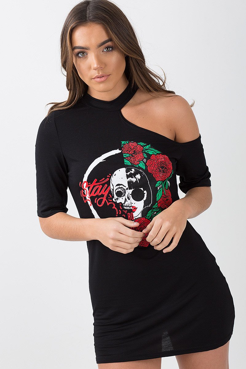 Black Cut Shoulder Graphic Print T-Shirt - Jessie