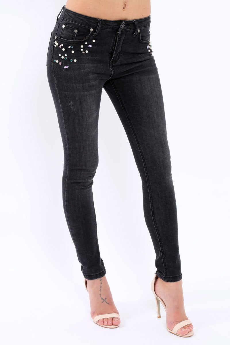 Black Denim Jewelled Skinny Jeans - Jezzy