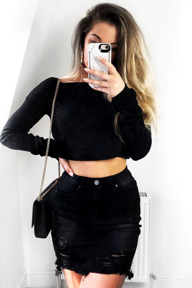 Black Denim Rip Mini Skirt - Selenia