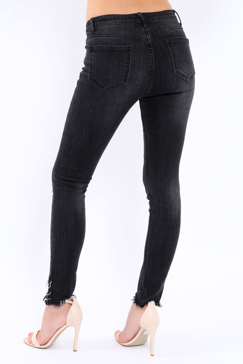 Black Denim Skinny Jeans with Frayed Eyelet Hems - Dani – Rebellious ...