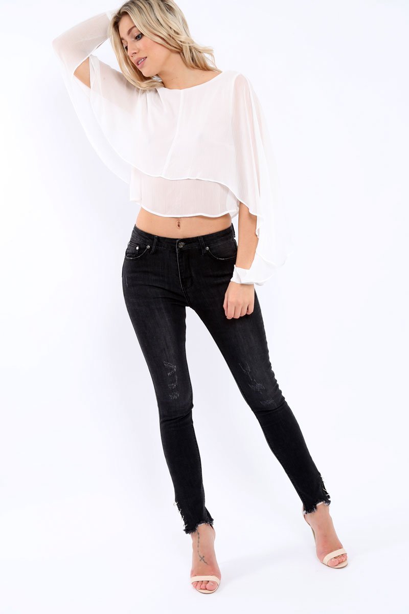 Black Denim Skinny Jeans with Frayed Eyelet Hems - Dani