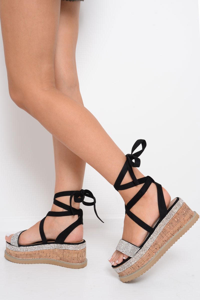 Black Diamante Embellished Lace Up Wedges - Phillis