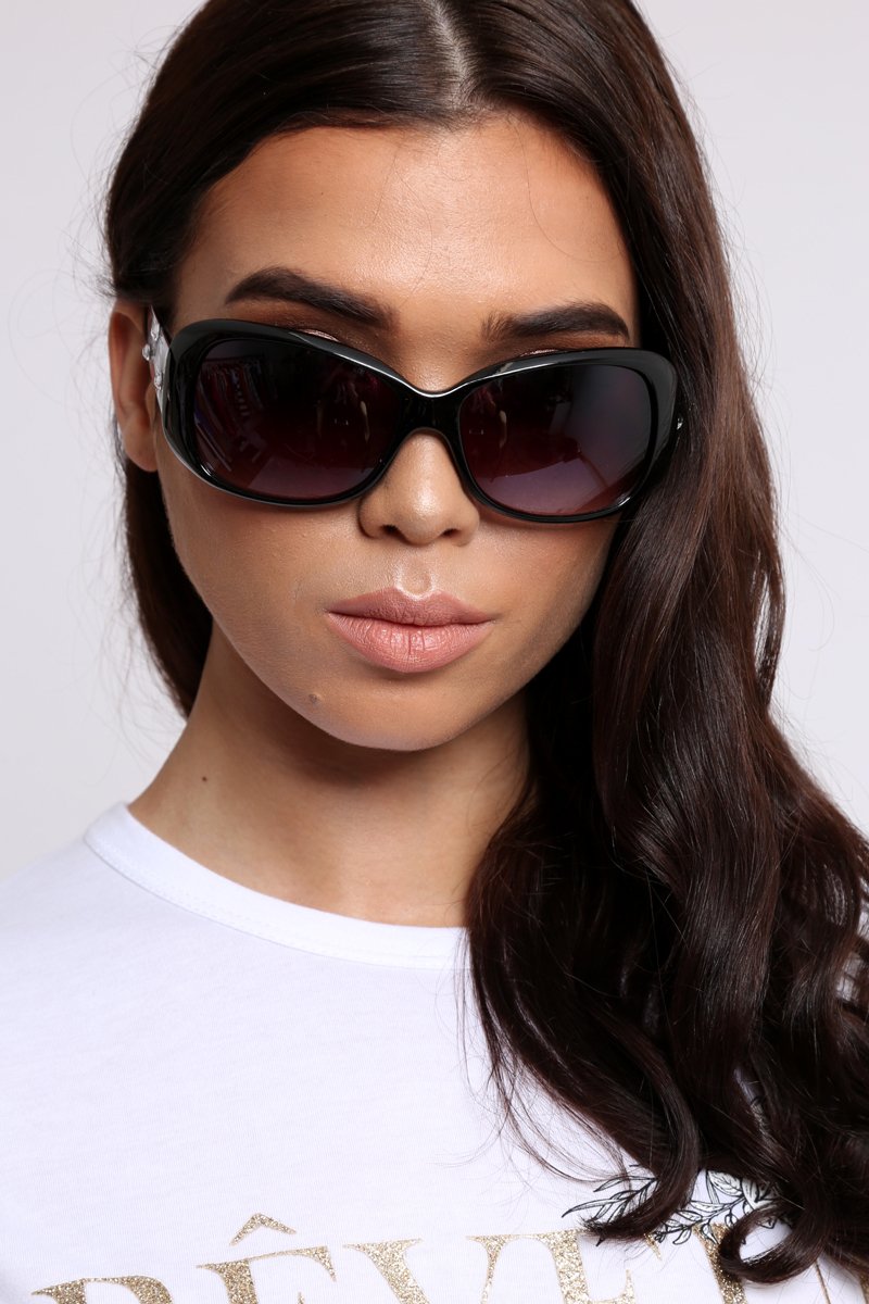 Black Diamante Embellished Square Frame Sunglasses - Bula