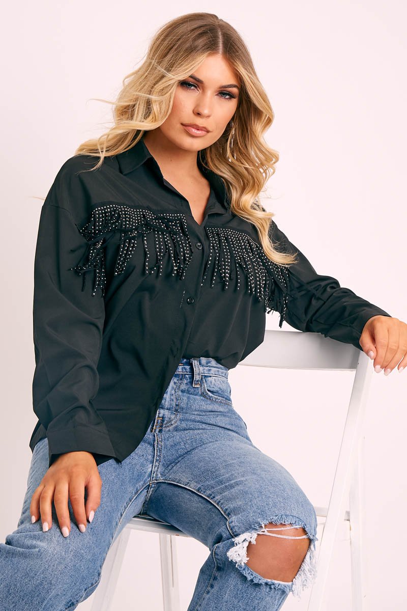 Black Diamante Fringe Shirt - Haidee