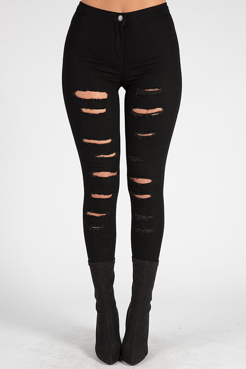 Black Distressed High Waisted Skinny Jeans - Jasmine