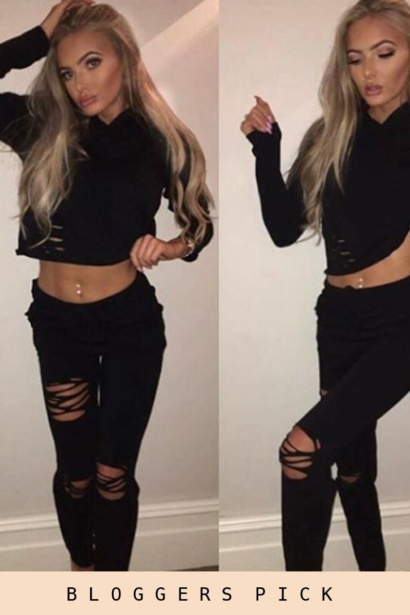 Black Distressed Hoodie Tracksuit - Mollie