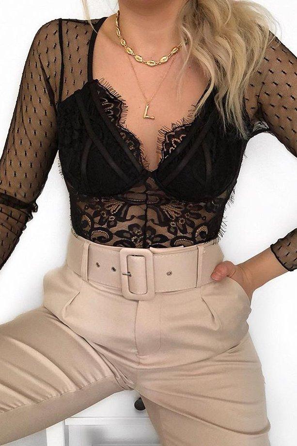 Black Dobby Mesh Low Cut Bodysuit - Tamara