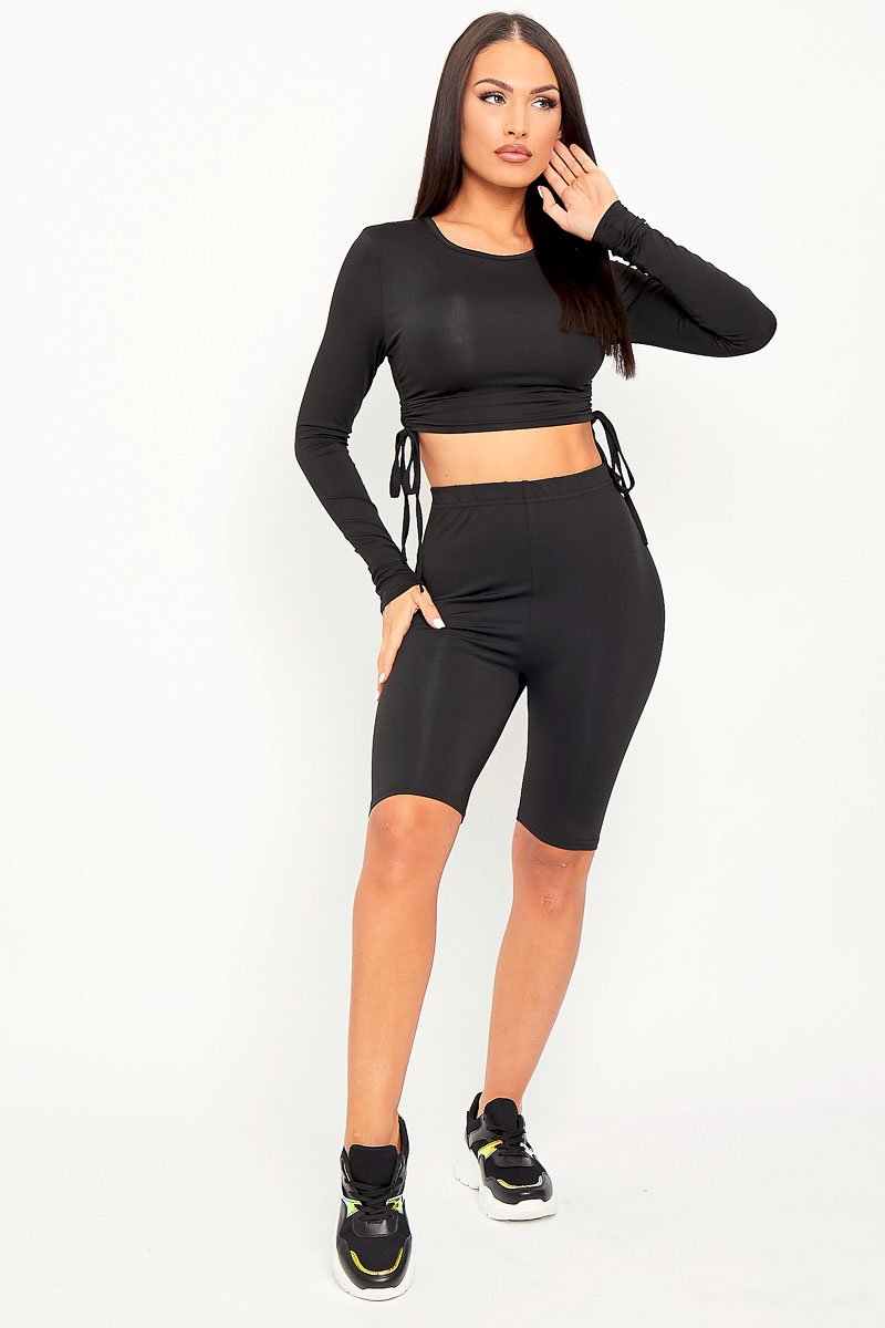 Black Double Layer Ruched Top and Cycling Shorts Co-ord - Gwen - Size 8