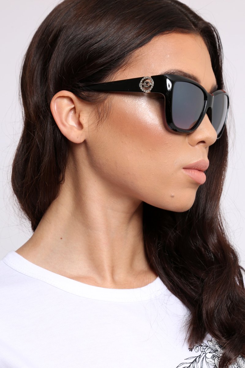 Black Embellished Arm  Cat Eye Sunglasses - Kitti