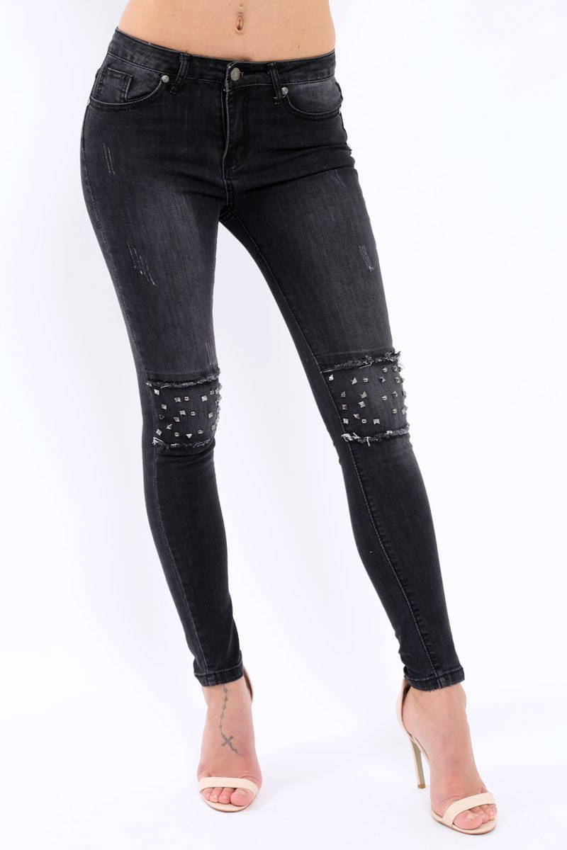 Black Embellished Knees Denim Jeans - Kadi