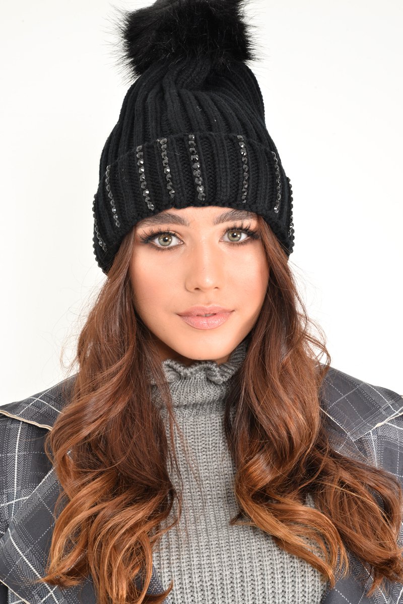 Black Embellished Pom Pom Hat - Monae