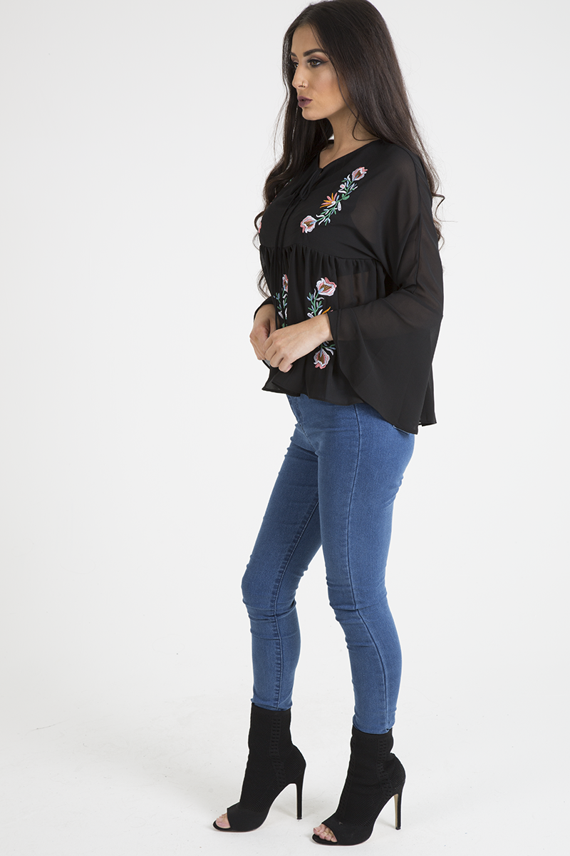 Black Embroidered Bell Sleeve Blouse - Felicia