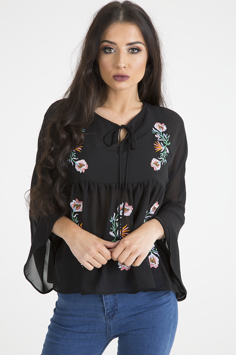 Black Embroidered Bell Sleeve Blouse - Felicia